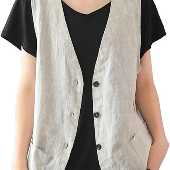 Womens Cotton Linen Vest Casual Sleeveless Blazer Cardigans Lightweight Jacket W - Picture 1 of 5